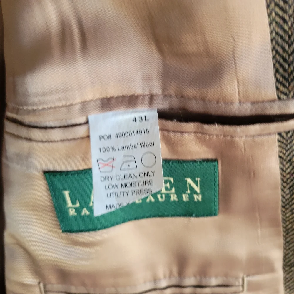 Lauren‎ Ralph Lauren Tweed Herringbone 100% Lambswool Brown Blazer Size 43L